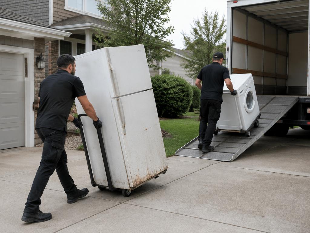 Crew members rolling an old refrigerator and washing machine to the truck for appliance haul-away
