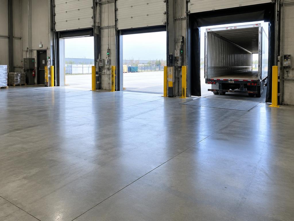 Clean empty warehouse dock area after pallet removal, with a truck at the dock