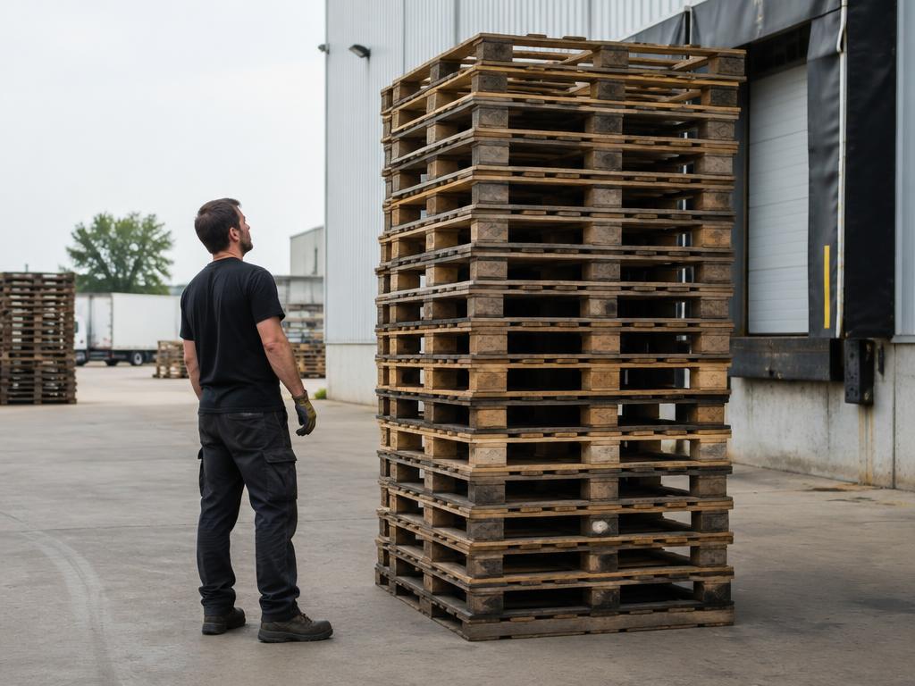 Tall stack of used wooden pallets beside a warehouse dock, ready for pickup