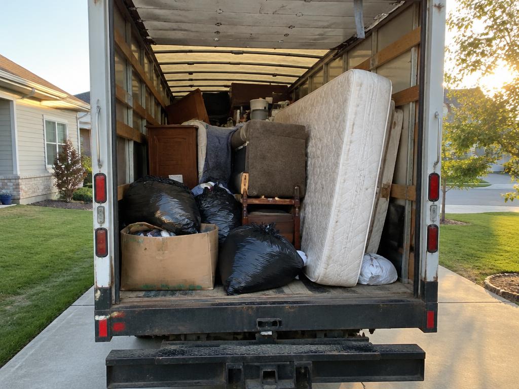 Truck loaded with furniture, mattresses, and bags of household junk removed during a cleanout