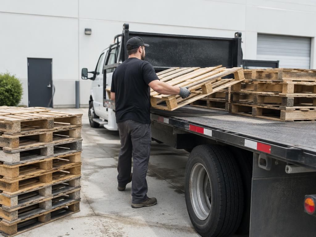Crew member loading wooden pallets onto a truck at a commercial property