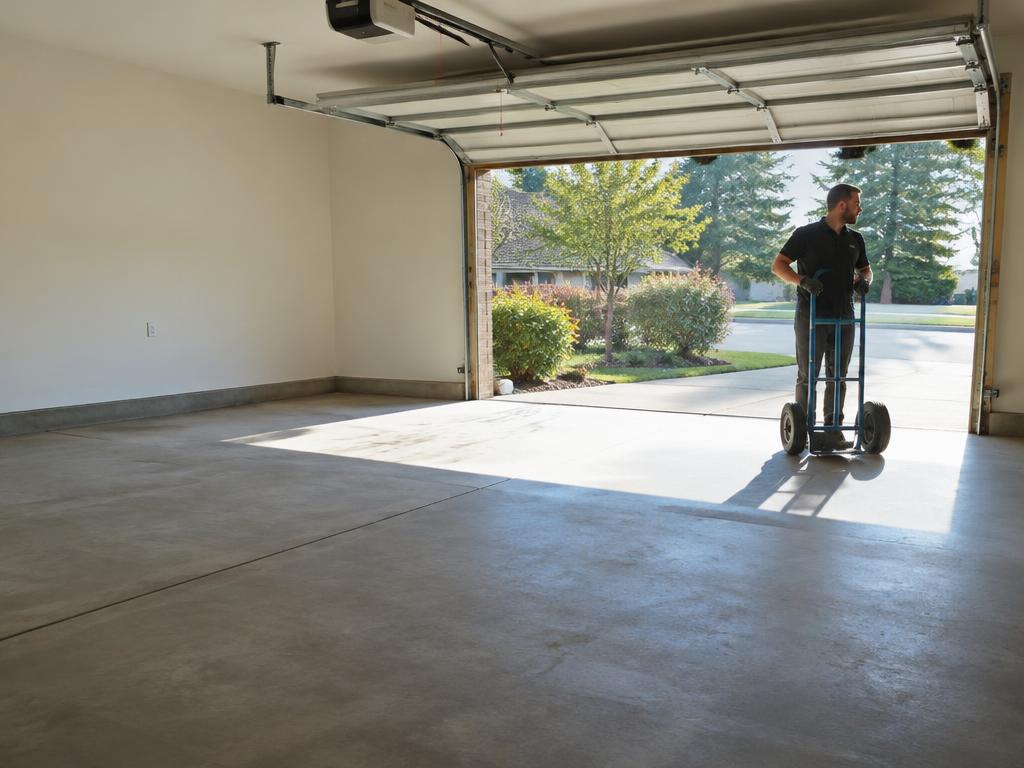Emptied two-car garage after a cleanout, with a crew member and hand truck at the open door